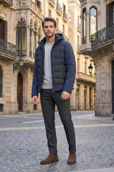 NAZEF Slim Fit Detachable Hooded Winter Navy Blue Thick Coat
