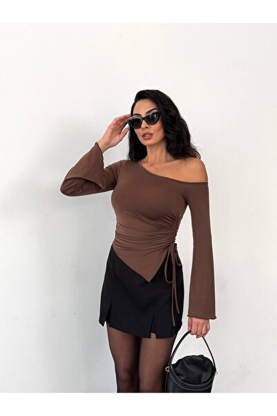 Cuyka Asymmetric Neckline One Shoulder Ruched Detail Long Sleeve Blouse