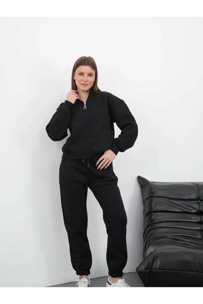 hibiscus 3 thread inner Fleece-Lined half zip top and bottom set black