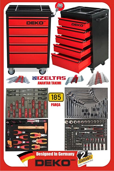 DEKO TURKEY XL TREND İZELTAŞ SERİ 5 Çekmeceli İçi Dolu 185 PARÇA Full Set Alet Dolabı Atölye Usta Takım Arabası
