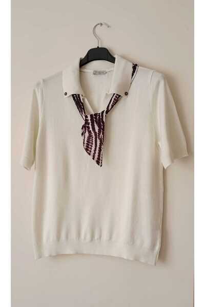 JM Women's Scarf Detailed Stretchy Polo Neck Short Sleeve Knitwear Blouse