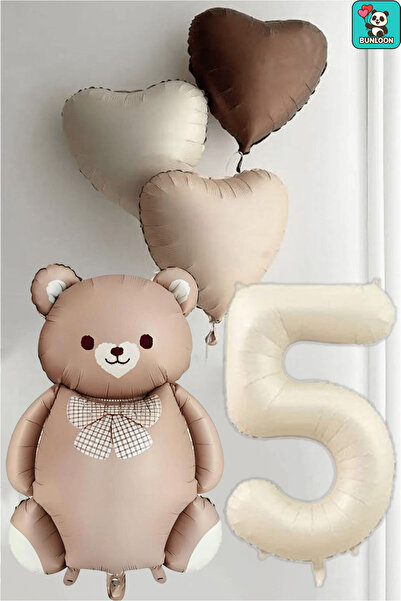 Bunloon 5 Yaş Krem Folyo ve Kahverengi Papyonlu Ayı Figürlü Kalp Temalı Doğum...