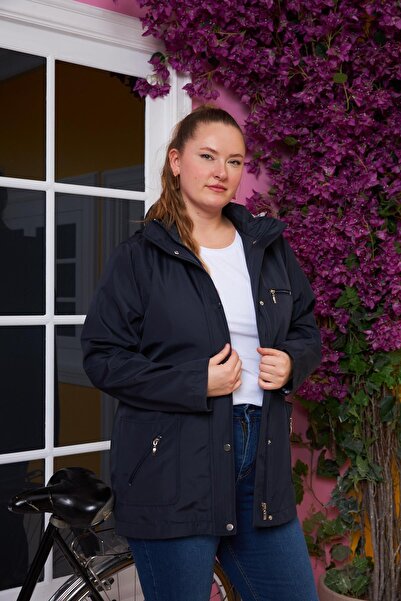 RMG Inner Lining Plaid Detailed Oversized Trench Coat Dark Blue