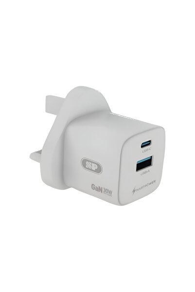 SP 30W wall charger with USB and Type-C ports, supports fast charging, white