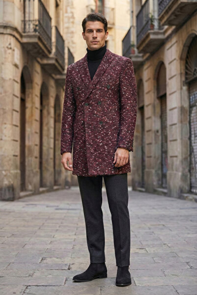 NAZEF Slim Fit Patterned Single Slit Wool Blend Double-Breasted Claret Red Coat