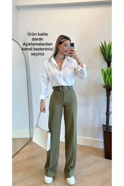 ADELLA BUTİK Kadın Haki Şık Kemerli Palazzo Kumaş Pantolon(Dar Kalıp)