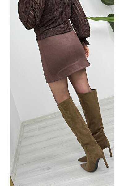 TUNAM BUTİK 1573 Suede Slit Detailed Mini Skirt Brown