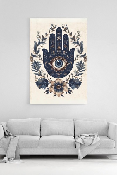 HonataDizayn Fatma'nın Eli Nazar Göz Çiçekli %100 Pamuk Kanvas Tablo
