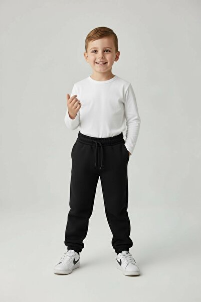 Hirazenmoda Pantaloni de sport unisex pentru copii, basic 3 fire, cu căptușeală din fleece picioare, elastici, groși