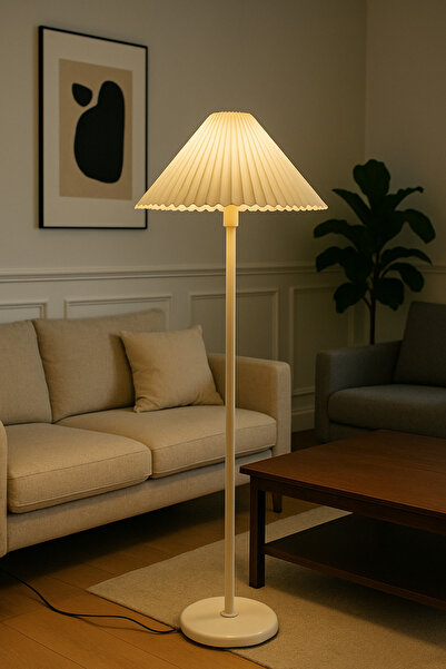 burenze Umbrella Pileli Lambader Krem Gövde Krem Abajur 1.55cm Yükseklik