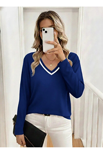 Moda Ebrar Bluză cu mânecă lungă și decolteu în V din viscoză cu două fire MDB pentru femei