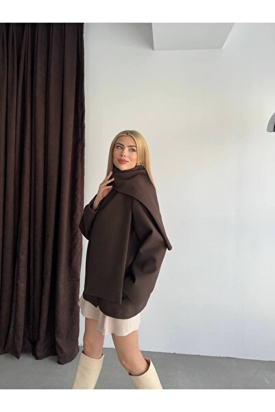 Narstorm Women's Bitter Brown Shawl Collar Detailed Premium Cashmere Coat