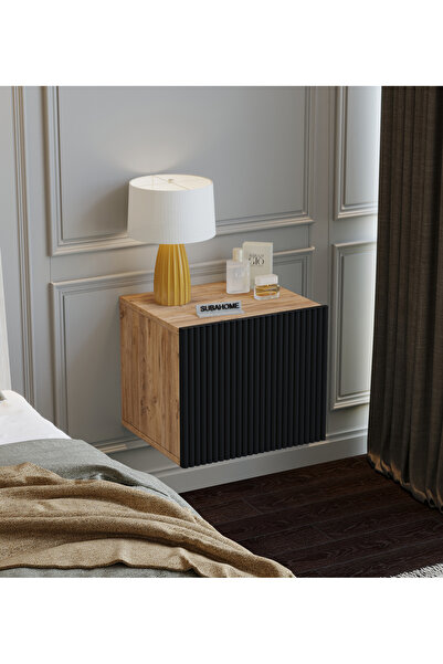 subahome %100 Mdf 40 cm Duvara Monte Ahşap Dokulu Şık Siyah Kapaklı Komodin M...