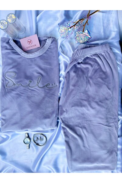 Shenoor Lingerie Smile yazılı kadife pijama takımı