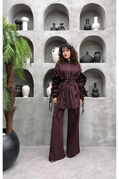 Cardella Stone-Embellished Premium Scuba Fabric Pants with Flared Sleeves Detailed Two-Piece Set