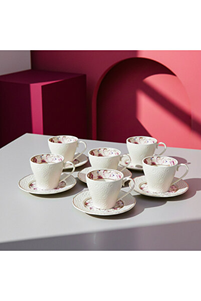 Malooki Set of 6 Porcelain Cups with Floral Pattern and Gold Accents, 150 ml