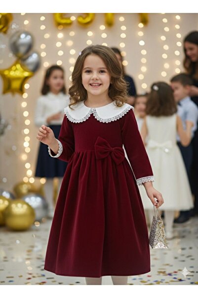 Generic Elegant burgundy wool dress with a Peter Pan collar