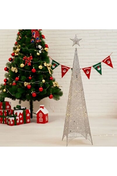Kardett Brad decorativ 120cm argintiu cu LED, piramidă metalică, brad modern pentru interior și exterior