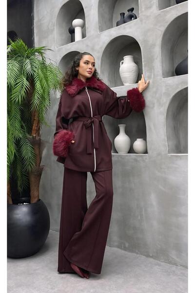 Cardella Premium Fur Detailed Scuba Fabric Hijab Two-Piece Set – Stylish Combination with Pants
