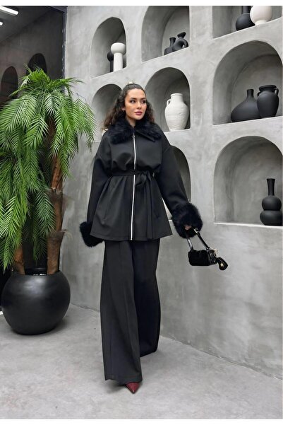 Cardella Premium Fur Detailed Scuba Fabric Hijab Two-Piece Set – Stylish Combination with Pants