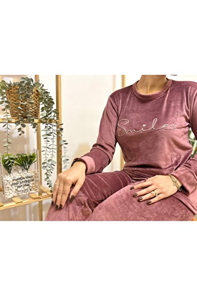 Shenoor Lingerie Smile yazılı kadife pijama takımı
