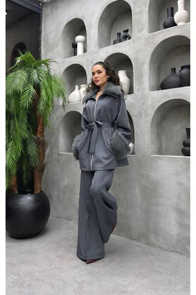 Cardella Premium Fur Detailed Scuba Fabric Hijab Two-Piece Set – Stylish Combination with Pants