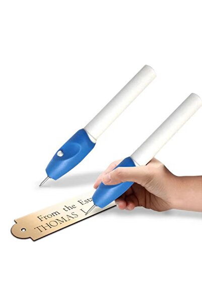 Generic Electric engraving pen, blue and white, for metal, plastic, glass and wood, works like a pen.