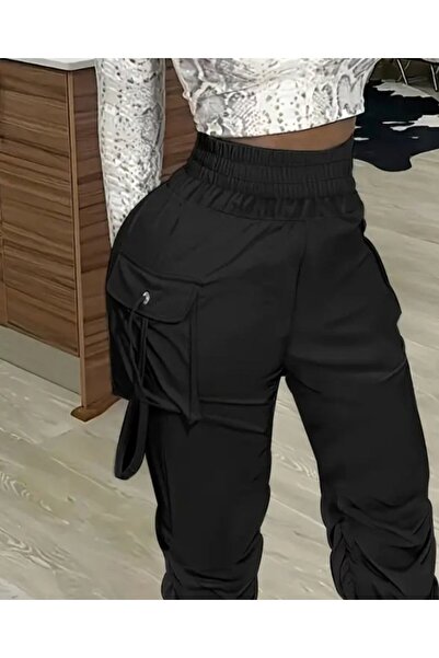buğrahayalin Women's High Waist Elastic Waist Cargo Pocket Detailed Gabardine Trousers