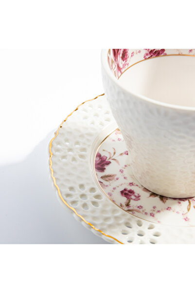 Malooki Set of 6 Porcelain Cups with Floral Pattern and Gold Accents, 150 ml