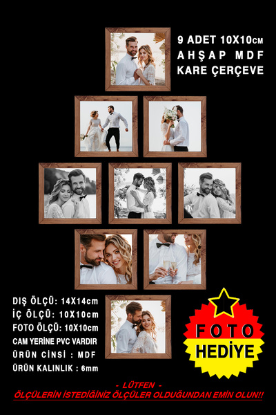 YEDİART 9 Adet 10x10 Çerçeve - Mdf Çerçeve - Fotoğraf Çerçevesi - Kare Çerçev...