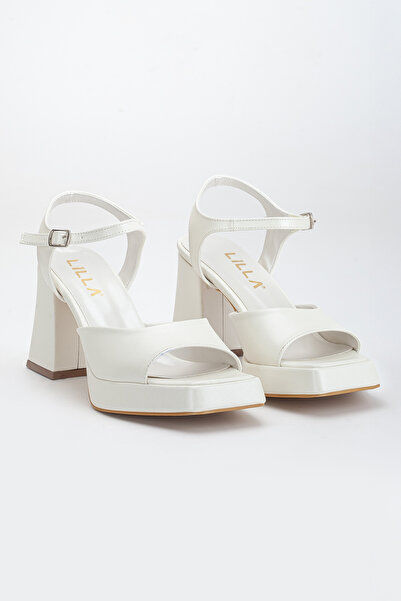 LİLLA Women's Pointed Toe 8.5 cm Ecru Off-White Thick Heeled Platform Evening Dress Bridal Shoes