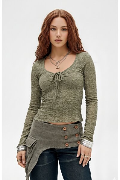 MAXLEVEL MODA Khaki Color Breast Part Lined Transparent Lace Blouse