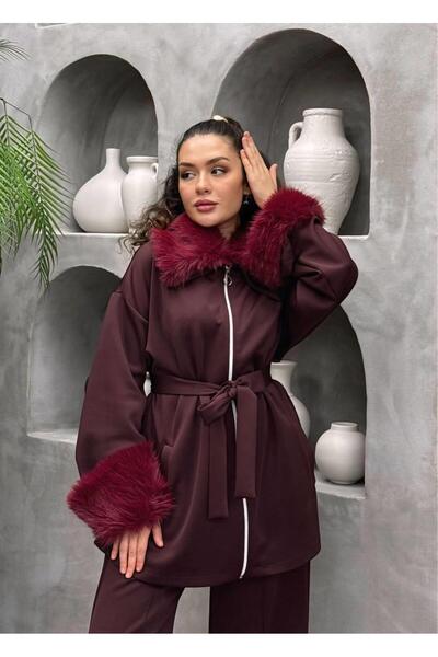 Cardella Premium Fur Detailed Scuba Fabric Hijab Two-Piece Set – Stylish Combination with Pants