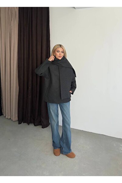 Narstorm Women's Gray Shawl Collar Detailed Premium Cashmere Coat