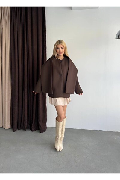 Narstorm Women's Bitter Brown Shawl Collar Detailed Premium Cashmere Coat