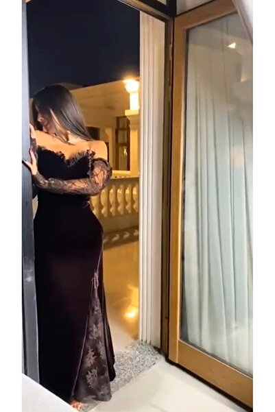 Loren فستان مخمل راقي دانتيل اسود كم طويل