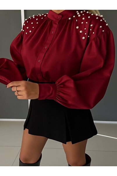 OEM Sheer shirt with decorative pearls on the shoulders - Relaxed cut