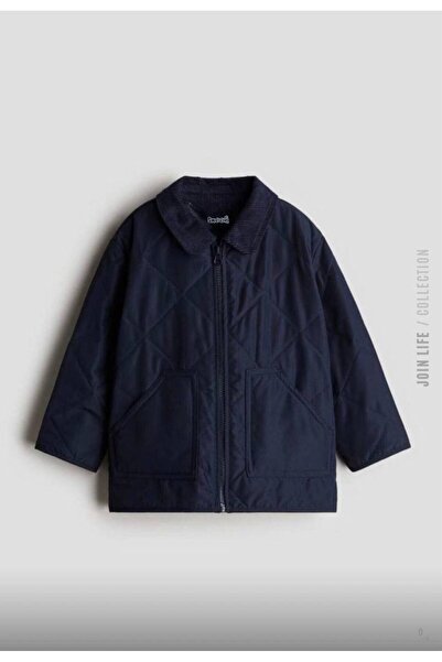 NOBLEKIDS Bakla Patterned Quilted Navy Blue Children's Coat – Velvet Collar, Zippered, Ages 3–10