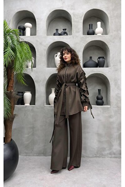 Cardella Stone-Embellished Premium Scuba Fabric Pants with Flared Sleeves Detailed Two-Piece Set