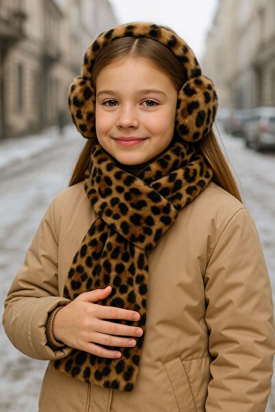 MARBERRY Set de 2 căști și guler pentru gât pentru fete, cu textura moale, leopard maro