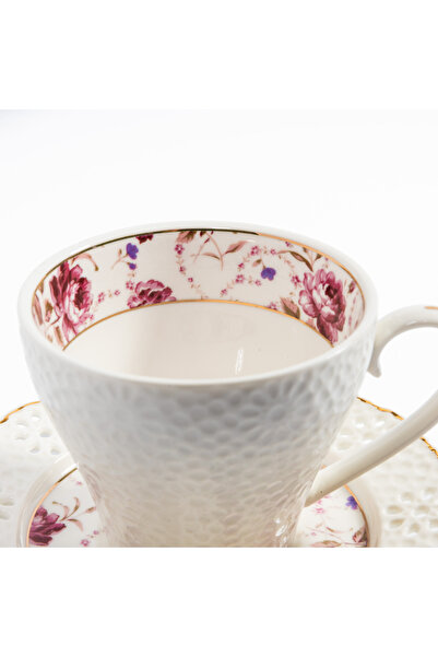 Malooki Set of 6 Porcelain Cups with Floral Pattern and Gold Accents, 150 ml