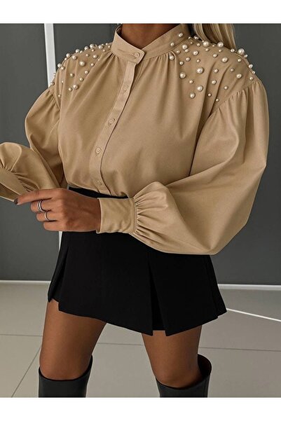 OEM Sheer shirt with decorative pearls on the shoulders - Relaxed cut