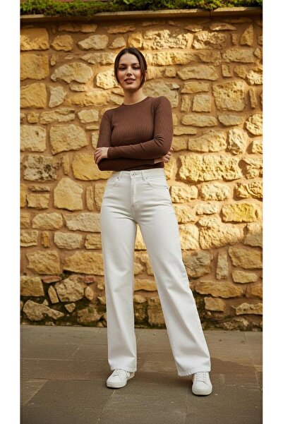 geenz manifacture Γυναικείο τζιν με ψηλόμεσο κορδόνι Dream Cream Φαρδύ τζιν παντελόνι Palazzo