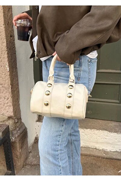 VELLA BAG Cream Colored Studded Clutch Bag