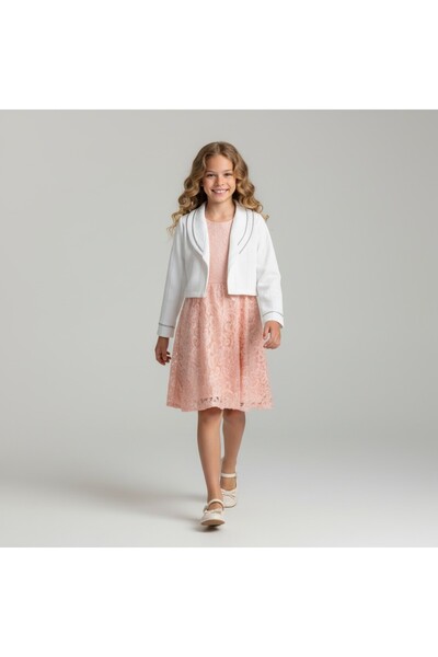 FESSHERA KİDS Girls' Dress with Lace Bolero Jacket Stylish Design Cotton Evening Dress Set