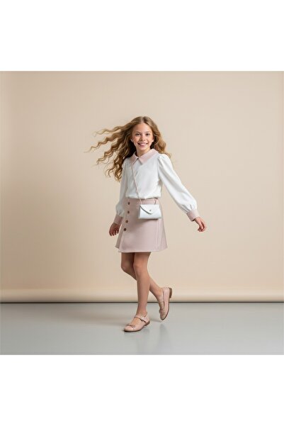 FESSHERA KİDS Girls' Suit Collared Long Sleeve Shirt and Button Detailed Textured Shorts Skirt Two-Piece Set