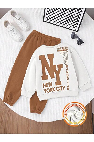 buendiakids Unisex Kids White-Brown Ny Back Printed Crew Neck-Sweatpants Set