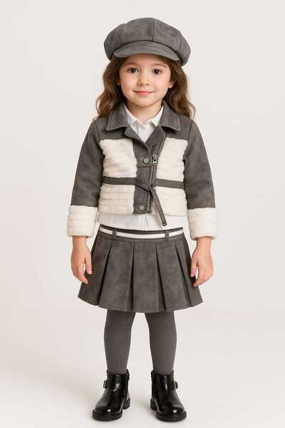 KATIA Girl's Stylish Winter Set |   Plush Detailed Jacket & Skirt Combination |   Trend New Season”