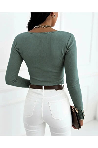 Moda Ebrar Mdb Women's Long Sleeve Open Neck and Button Detailed Ribbed Knit Years Old Green Blouse