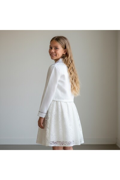 FESSHERA KİDS Girls' Dress with Lace Bolero Jacket Stylish Design Cotton Evening Dress Set